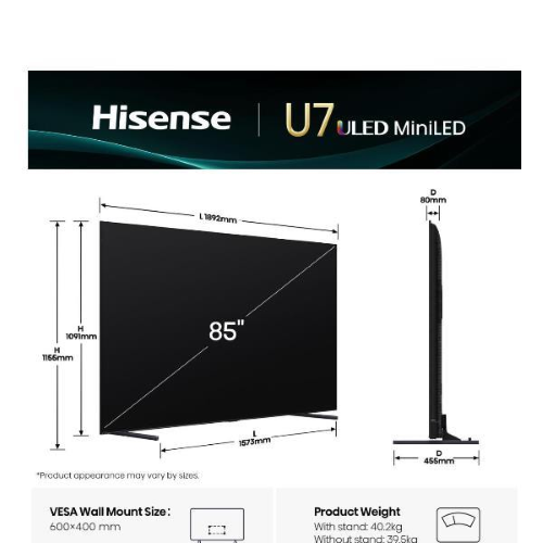 Hisense 85U7Q, 2,16 m (85?), 3840 x 2160 Pixel, ULED, Smart TV, Wi-Fi, Nero